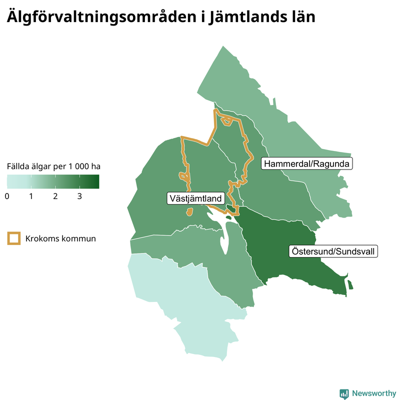 Fällda älgar per 1 000 hektar Jämtlands län