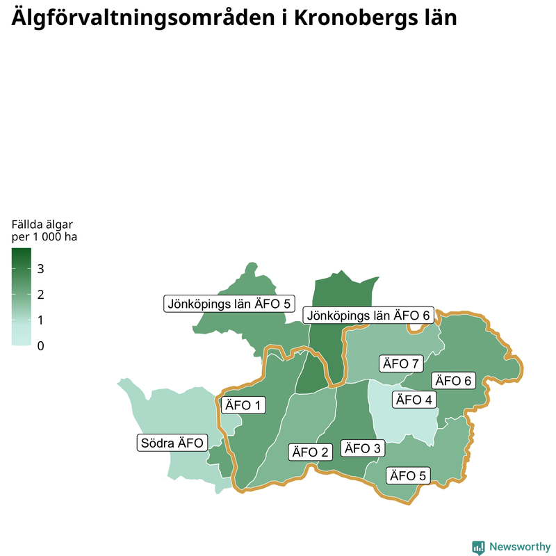 Fällda älgar per 1&nbsp;000 hektar Kronobergs län
