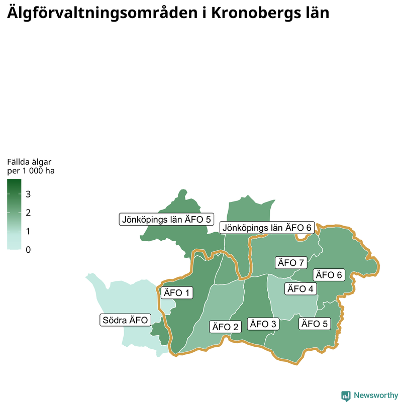 Fällda älgar per 1&nbsp;000 hektar Kronobergs län