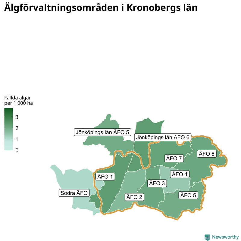 Fällda älgar per 1 000 hektar Kronobergs län