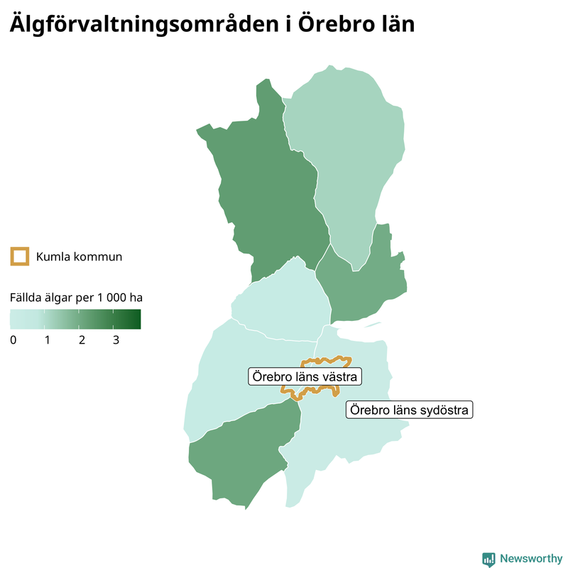 Fällda älgar per 1&nbsp;000 hektar Örebro län