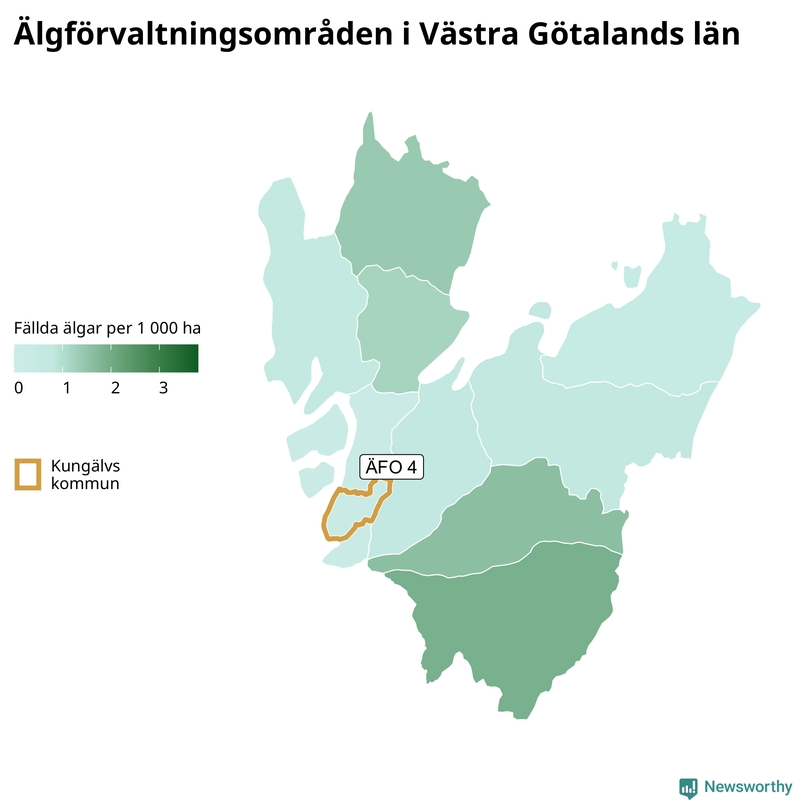 Fällda älgar per 1&nbsp;000 hektar Västra Götalands län