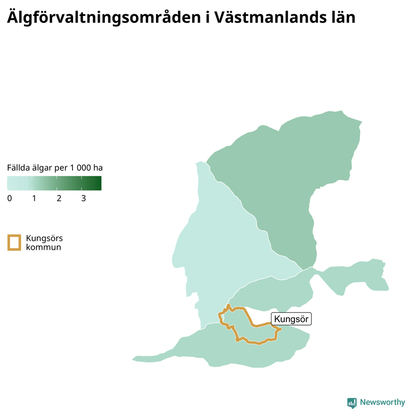 Fällda älgar per 1&nbsp;000 hektar Västmanlands län