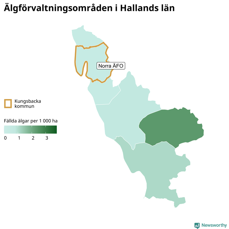 Fällda älgar per 1&nbsp;000 hektar Hallands län