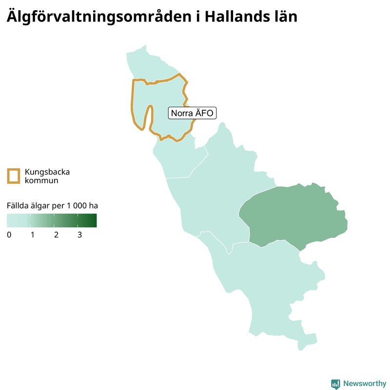 Fällda älgar per 1&nbsp;000 hektar Hallands län