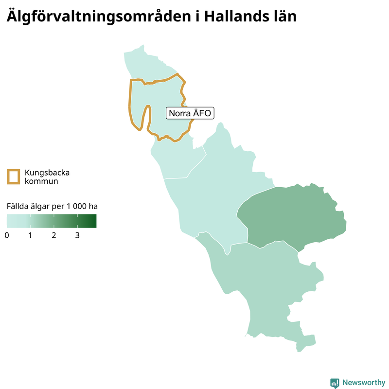 Fällda älgar per 1 000 hektar Hallands län