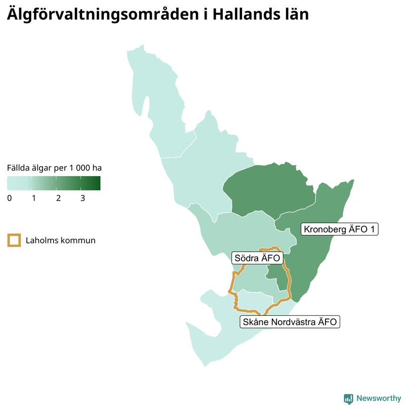 Fällda älgar per 1&nbsp;000 hektar Hallands län