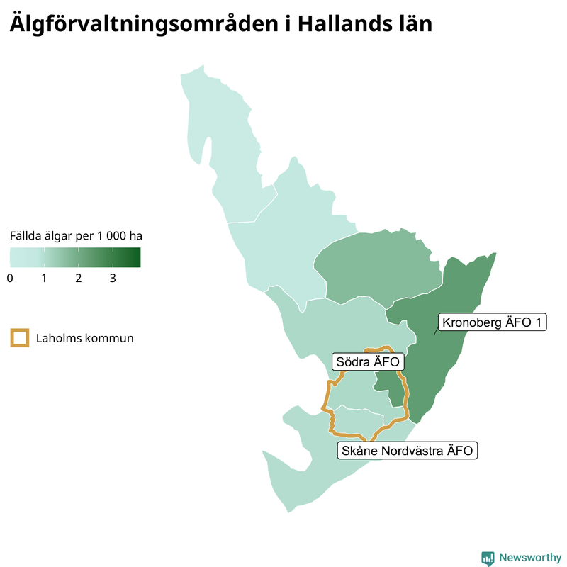 Fällda älgar per 1 000 hektar Hallands län