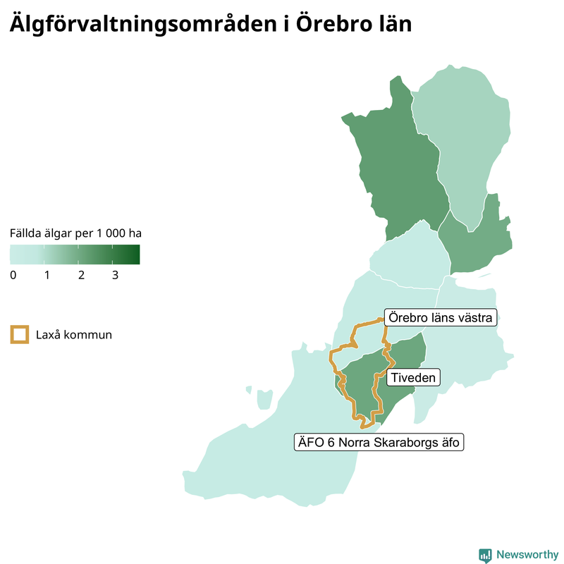 Fällda älgar per 1&nbsp;000 hektar Örebro län