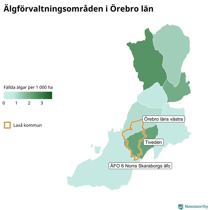 Fällda älgar per 1&nbsp;000 hektar Örebro län