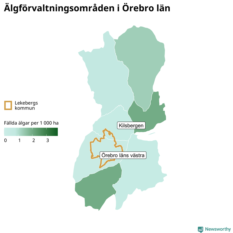 Fällda älgar per 1&nbsp;000 hektar Örebro län