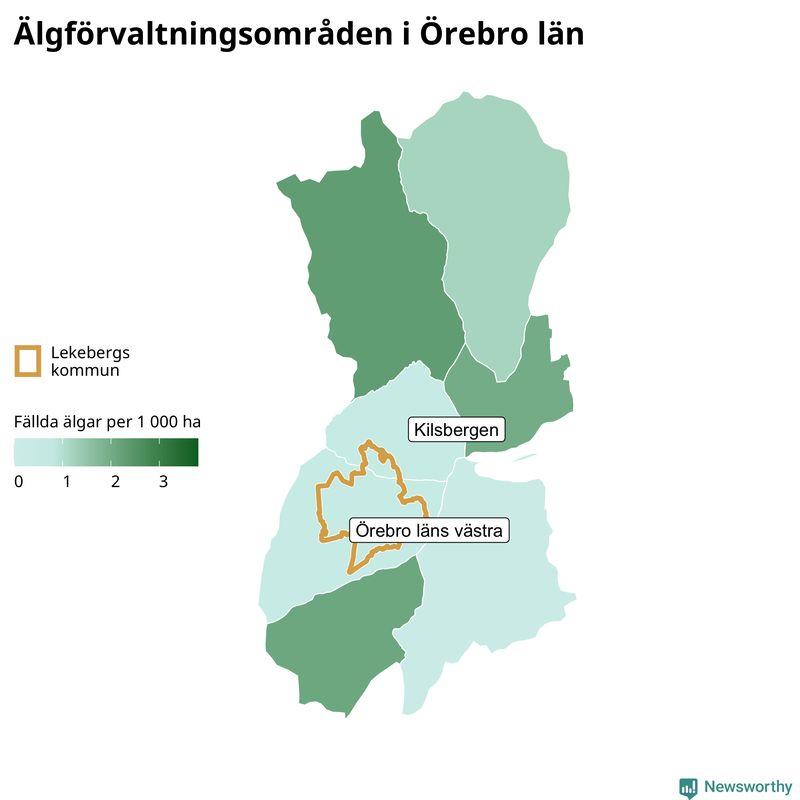 Fällda älgar per 1&nbsp;000 hektar Örebro län