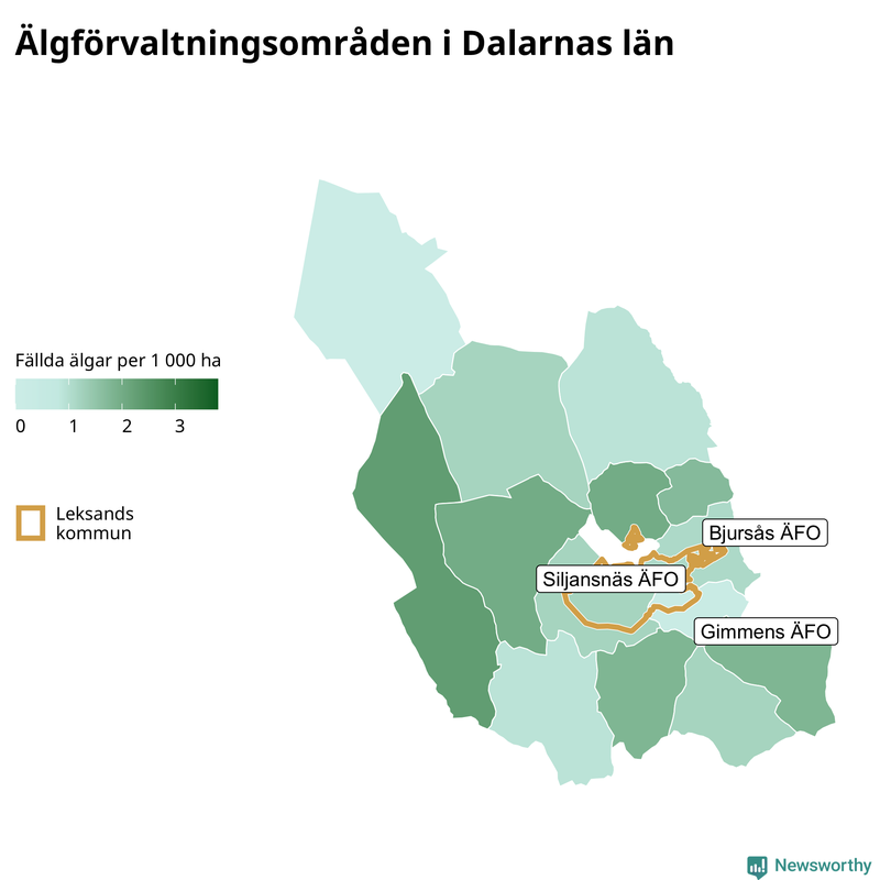 Fällda älgar per 1 000 hektar Dalarnas län