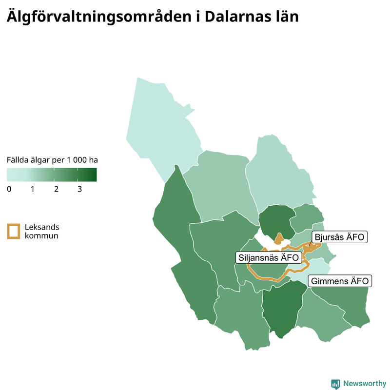 Fällda älgar per 1&nbsp;000 hektar Dalarnas län