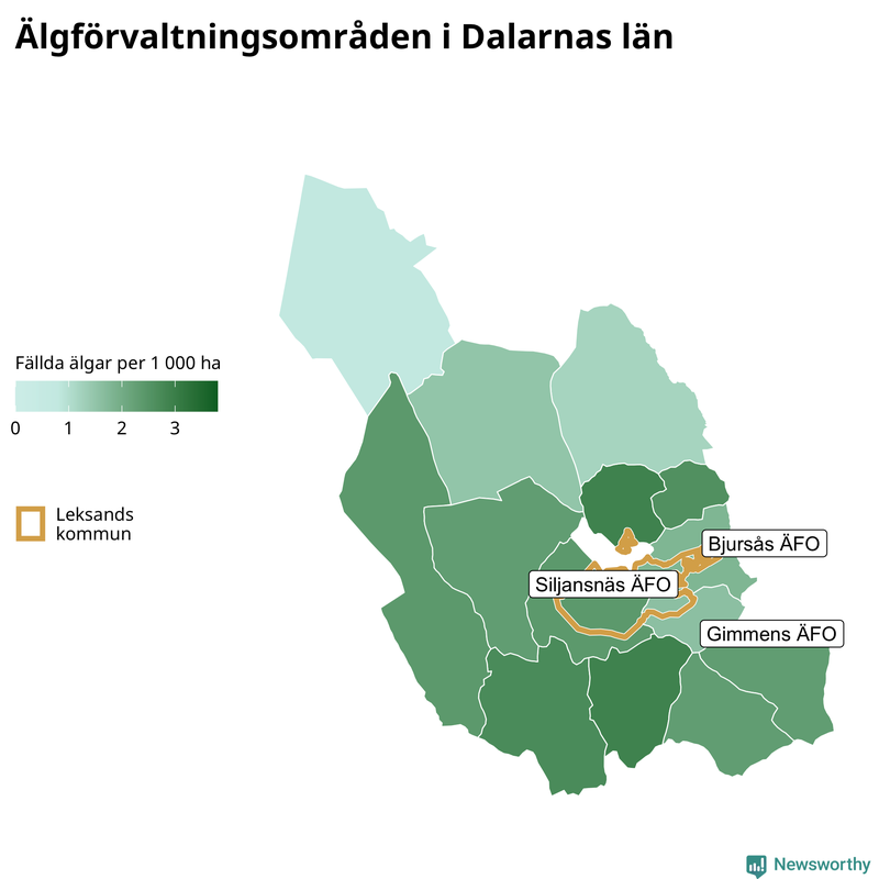 Fällda älgar per 1 000 hektar Dalarnas län