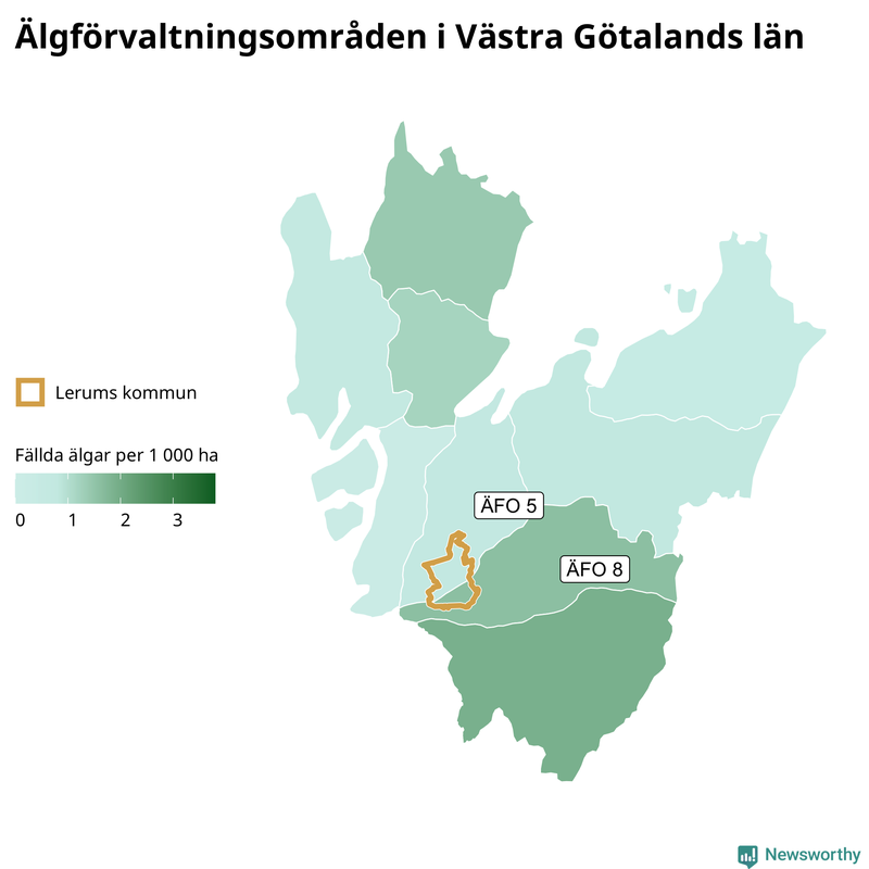 Fällda älgar per 1&nbsp;000 hektar Västra Götalands län