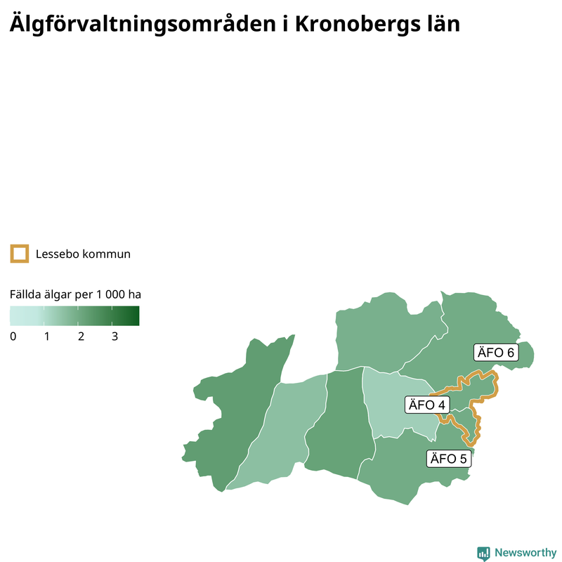 Fällda älgar per 1&nbsp;000 hektar Kronobergs län