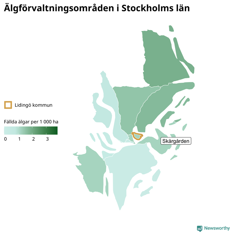 Fällda älgar per 1&nbsp;000 hektar Stockholms län