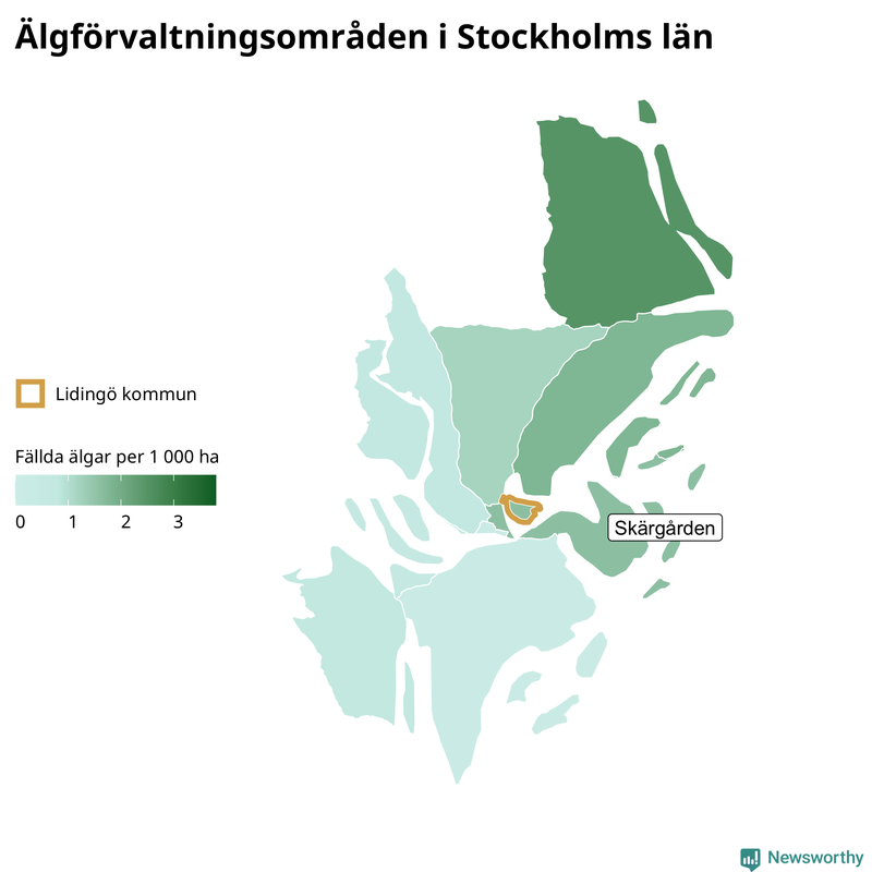 Fällda älgar per 1&nbsp;000 hektar Stockholms län