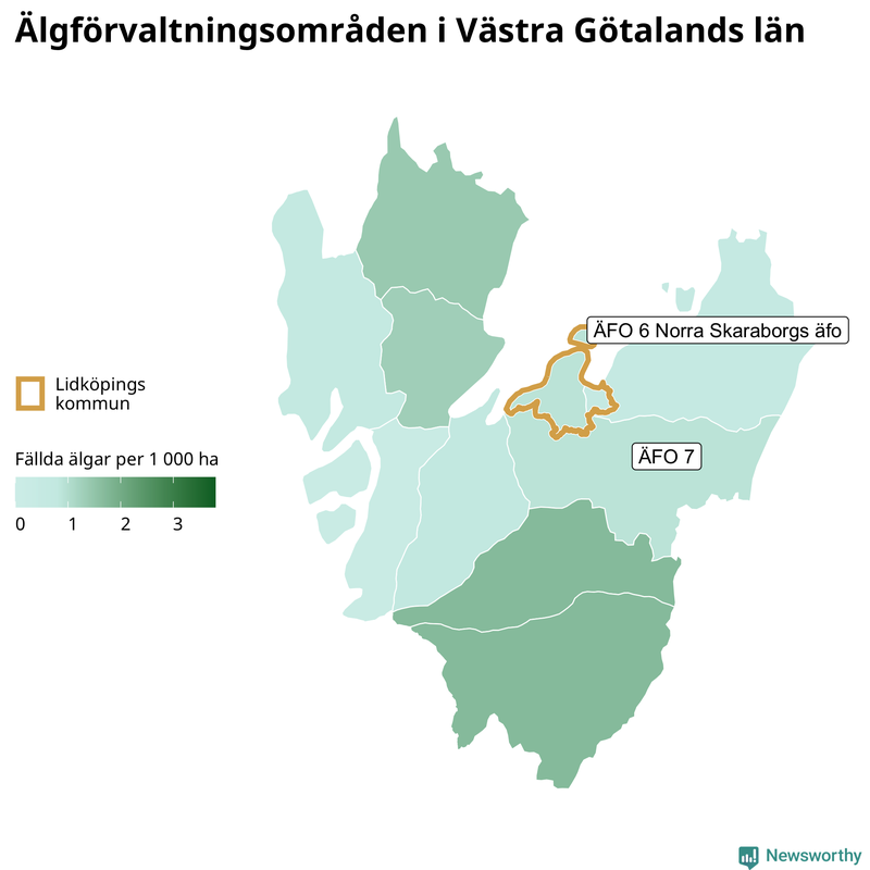 Fällda älgar per 1 000 hektar Västra Götalands län