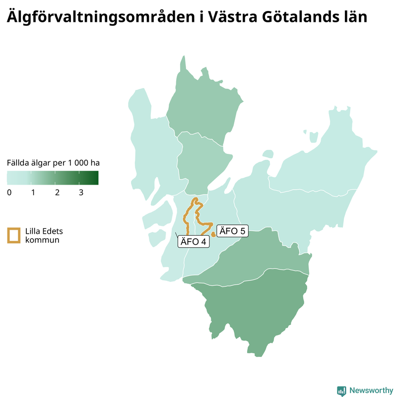 Fällda älgar per 1&nbsp;000 hektar Västra Götalands län