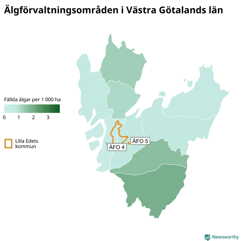 Fällda älgar per 1 000 hektar Västra Götalands län