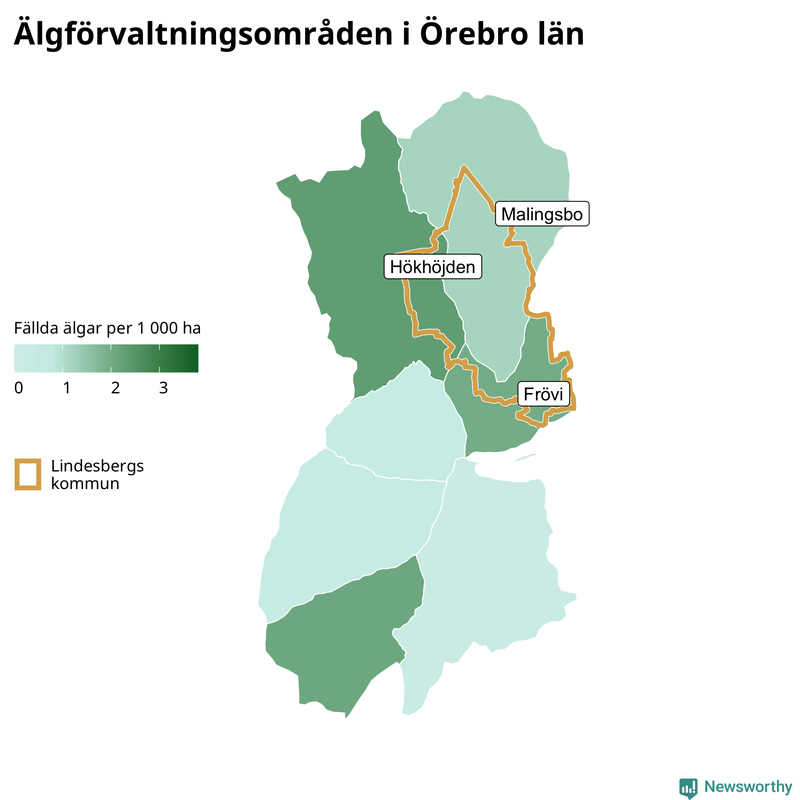 Fällda älgar per 1&nbsp;000 hektar Örebro län