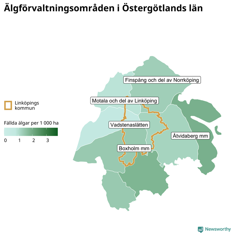 Fällda älgar per 1 000 hektar Östergötlands län