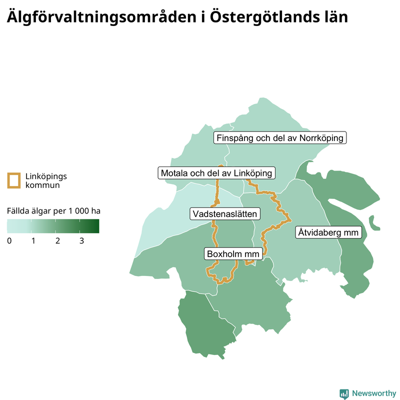 Fällda älgar per 1&nbsp;000 hektar Östergötlands län