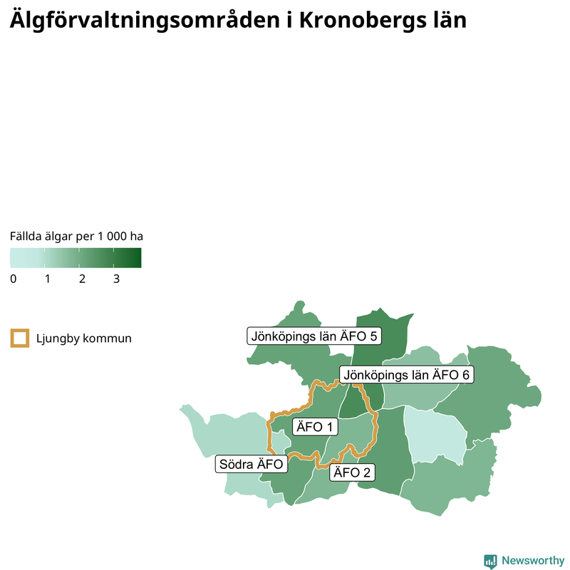 Fällda älgar per 1&nbsp;000 hektar Kronobergs län