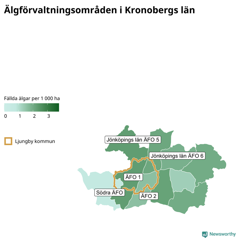 Fällda älgar per 1&nbsp;000 hektar Kronobergs län