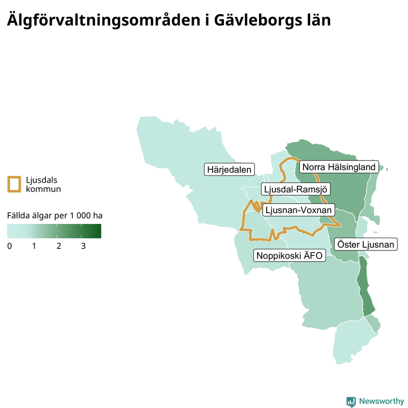 Fällda älgar per 1 000 hektar Gävleborgs län