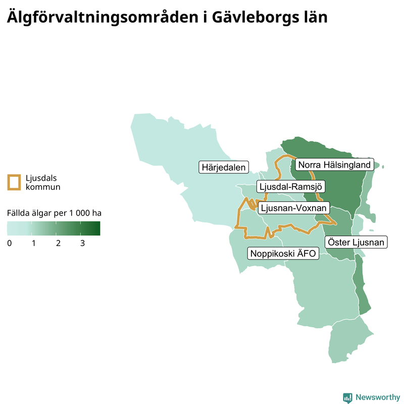 Fällda älgar per 1&nbsp;000 hektar Gävleborgs län