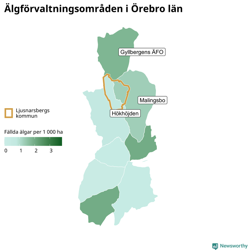 Fällda älgar per 1 000 hektar Örebro län