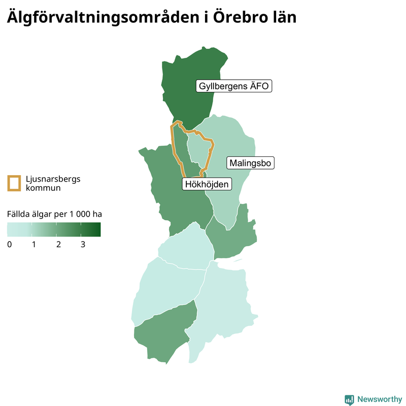 Fällda älgar per 1&nbsp;000 hektar Örebro län