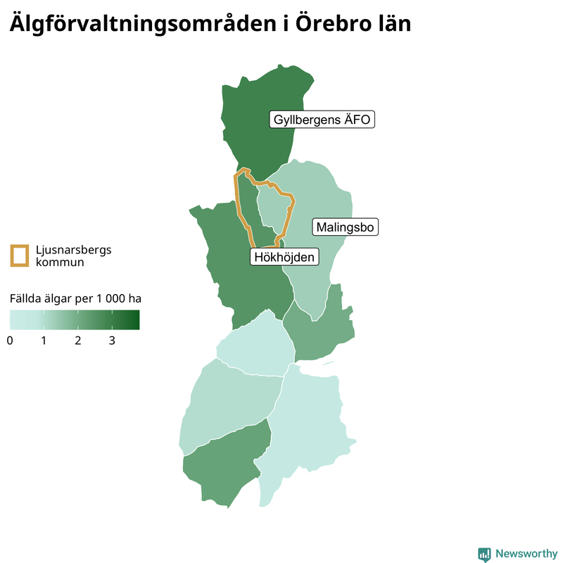 Fällda älgar per 1 000 hektar Örebro län