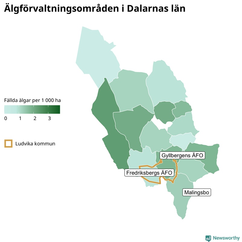 Fällda älgar per 1&nbsp;000 hektar Dalarnas län
