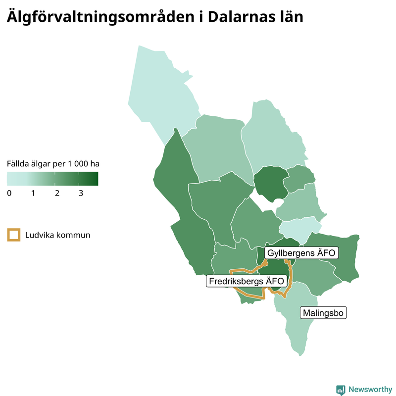 Fällda älgar per 1&nbsp;000 hektar Dalarnas län