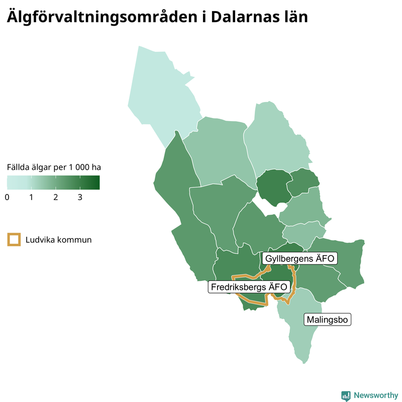 Fällda älgar per 1 000 hektar Dalarnas län