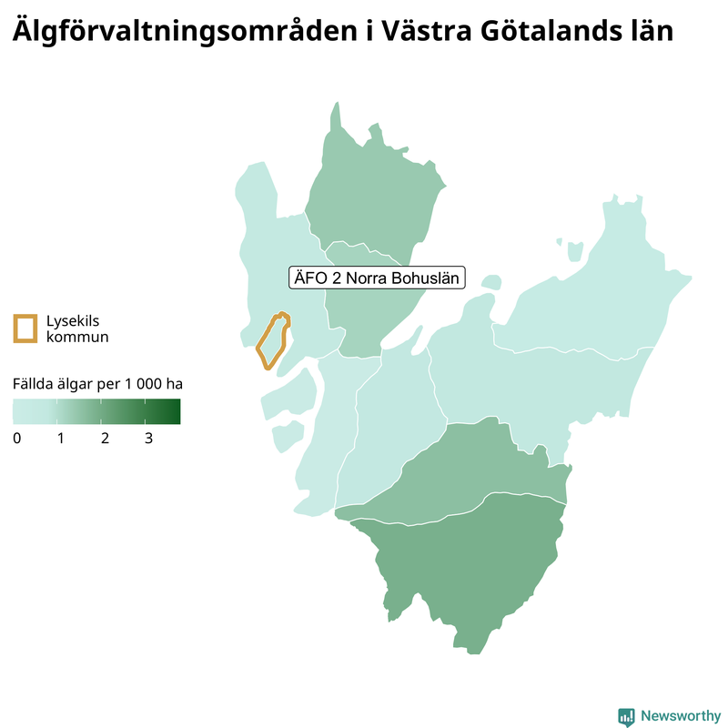 Fällda älgar per 1&nbsp;000 hektar Västra Götalands län