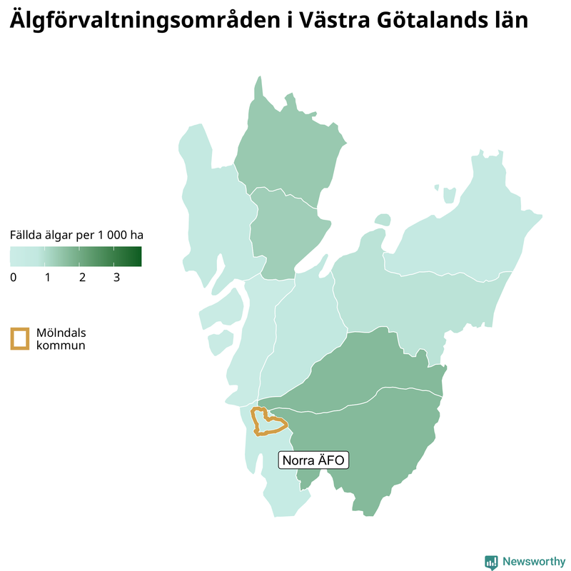 Fällda älgar per 1&nbsp;000 hektar Västra Götalands län