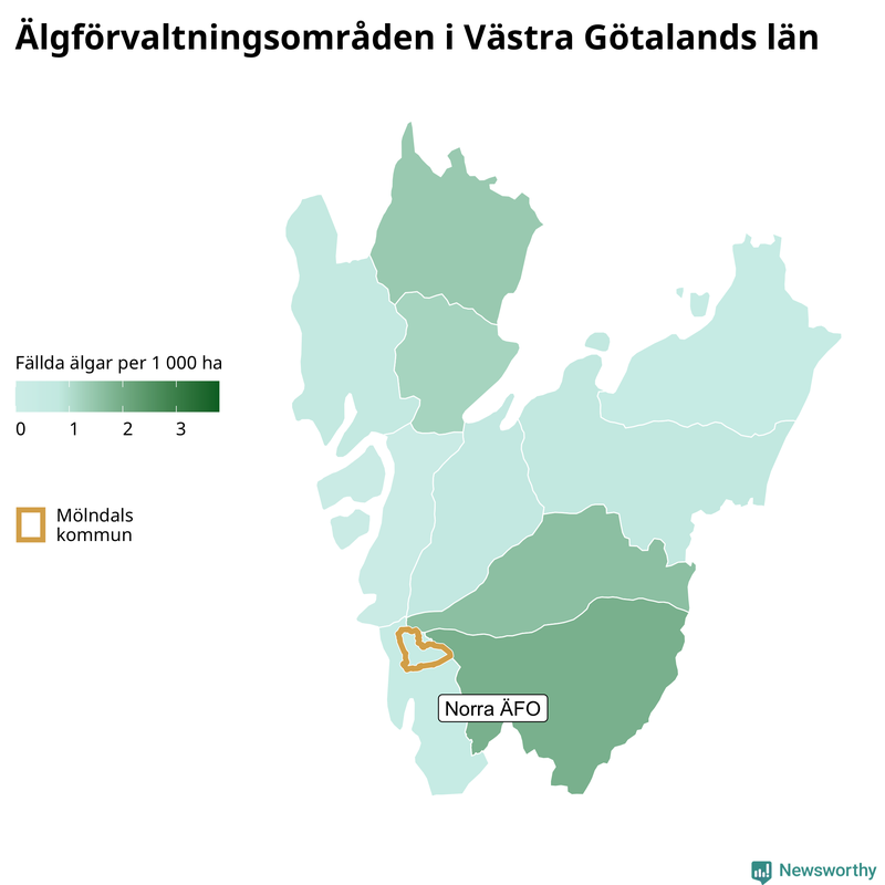 Fällda älgar per 1&nbsp;000 hektar Västra Götalands län