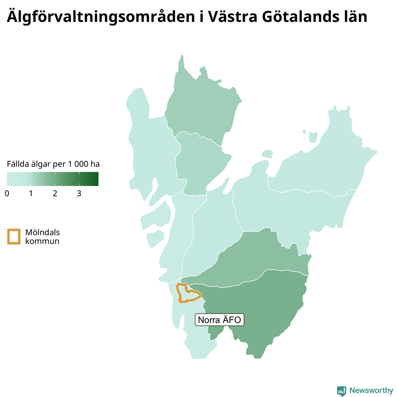 Fällda älgar per 1 000 hektar Västra Götalands län