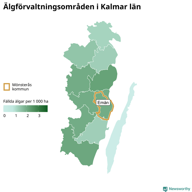 Fällda älgar per 1&nbsp;000 hektar Kalmar län
