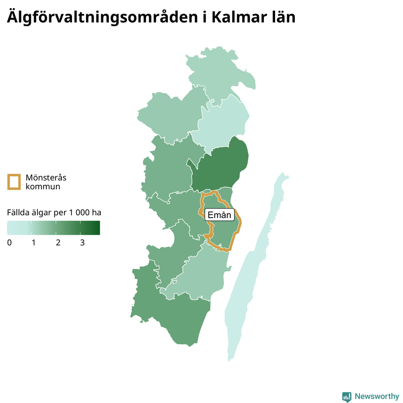 Fällda älgar per 1&nbsp;000 hektar Kalmar län