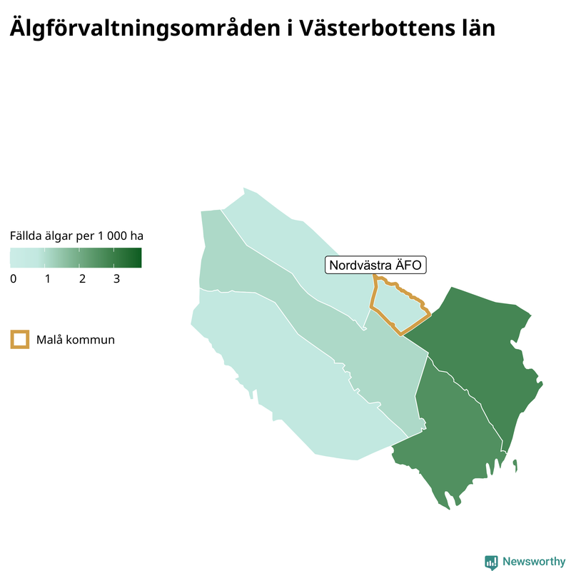 Fällda älgar per 1 000 hektar Västerbottens län