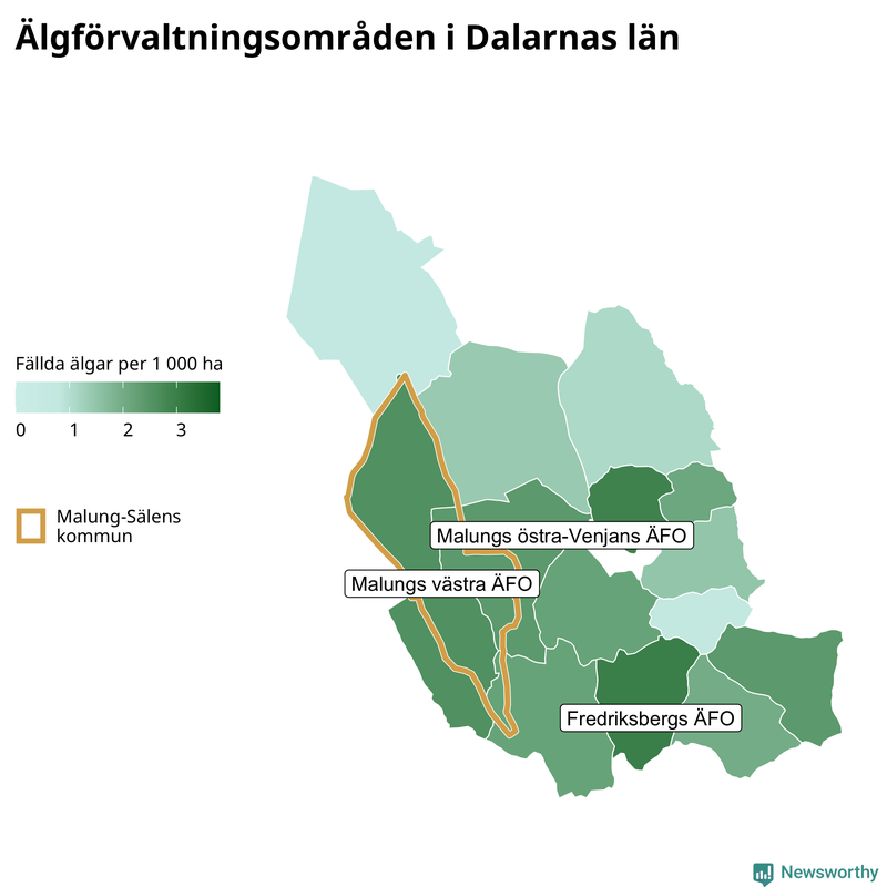 Fällda älgar per 1&nbsp;000 hektar Dalarnas län