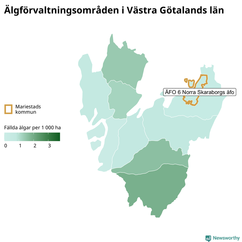 Fällda älgar per 1&nbsp;000 hektar Västra Götalands län