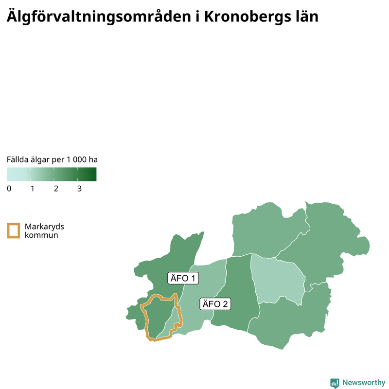 Fällda älgar per 1&nbsp;000 hektar Kronobergs län