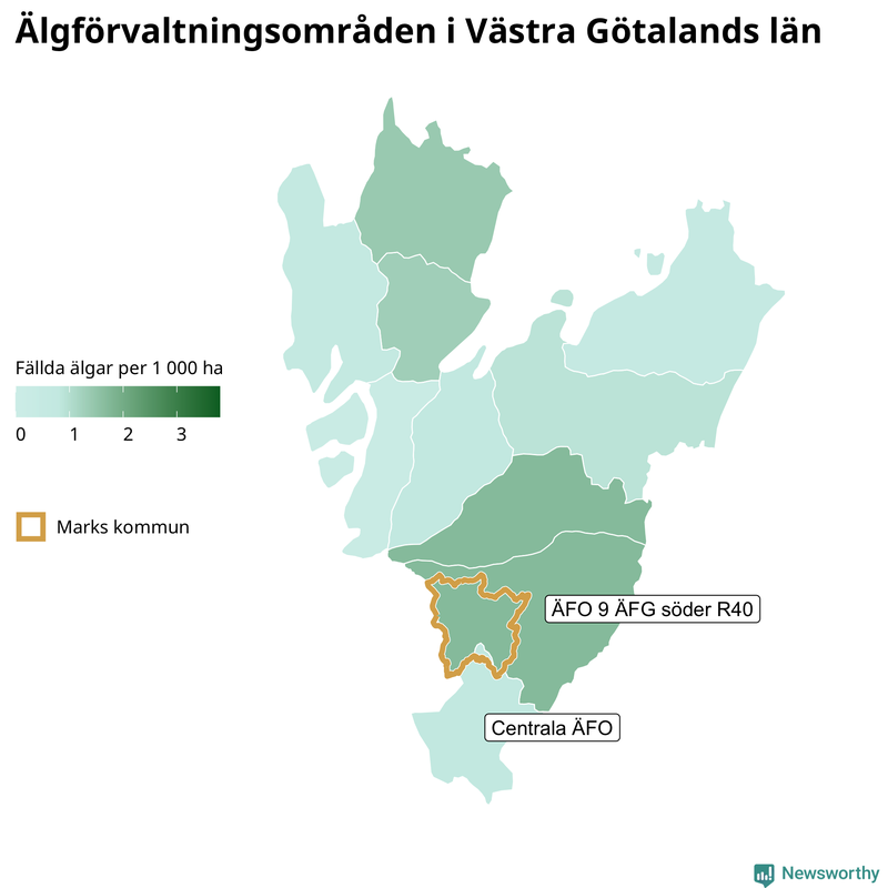 Fällda älgar per 1&nbsp;000 hektar Västra Götalands län